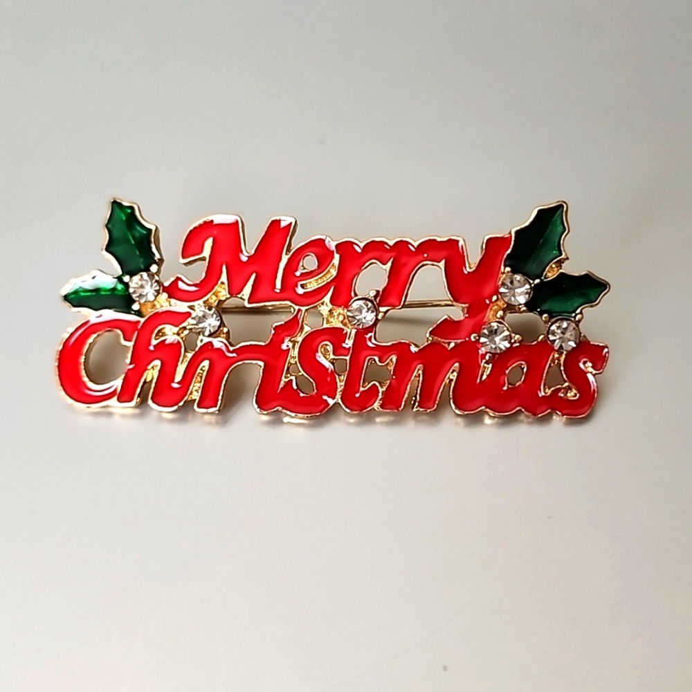 RED Green Gold Enamel and Rhinestone Christmas  Brooch